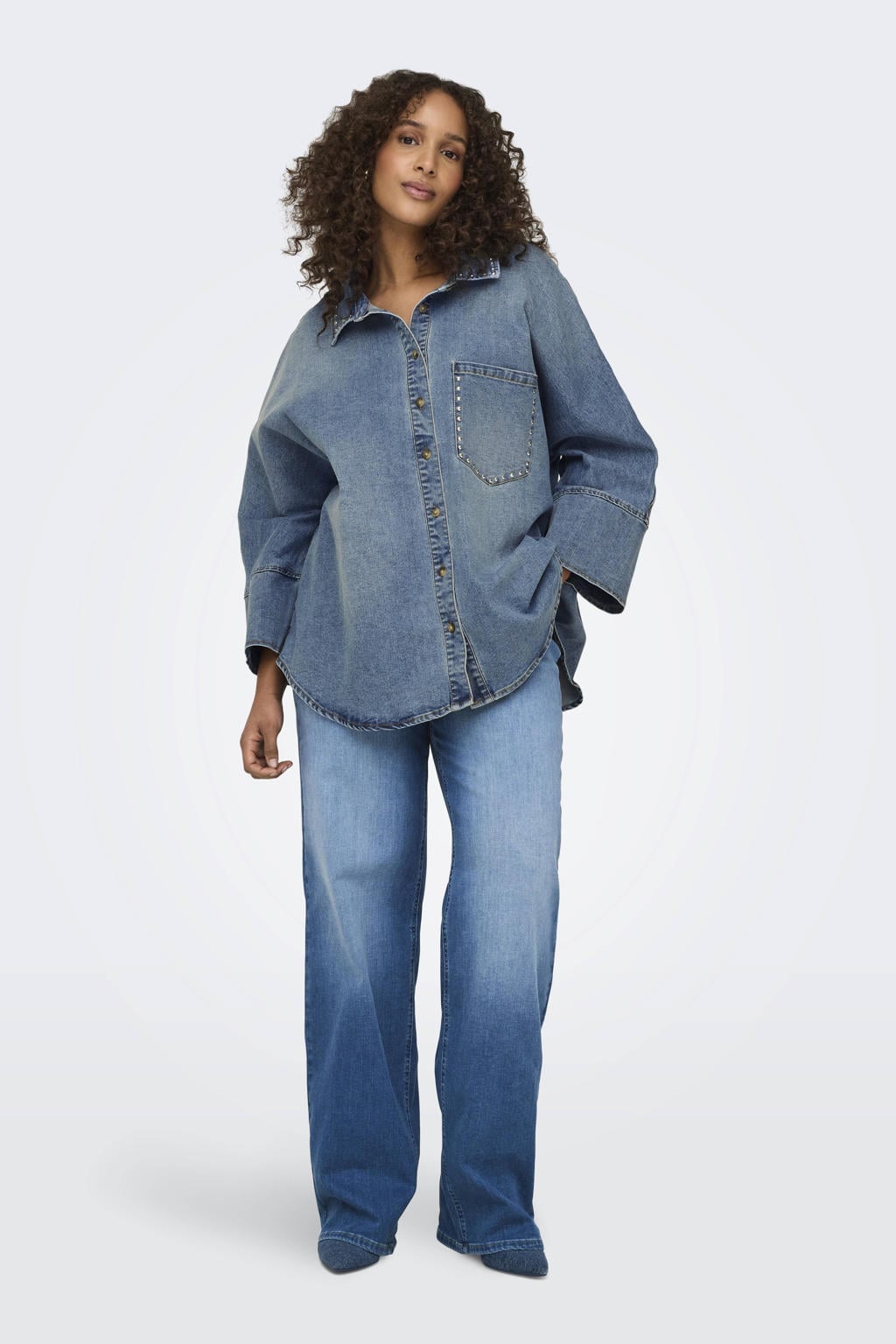 Blauwe dames ONLY CARMAKOMA high waist wide leg jeans van stretchdenim met rits- en knoopsluiting en effen