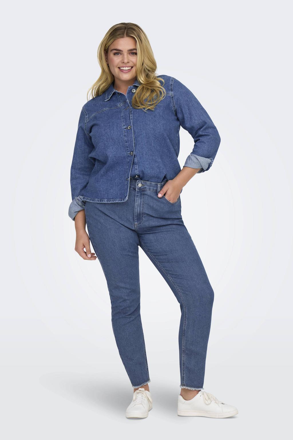 Blauwe dames ONLY CARMAKOMA mid waist skinny jeans van denim met regular waist, rits- en knoopsluiting en effen
