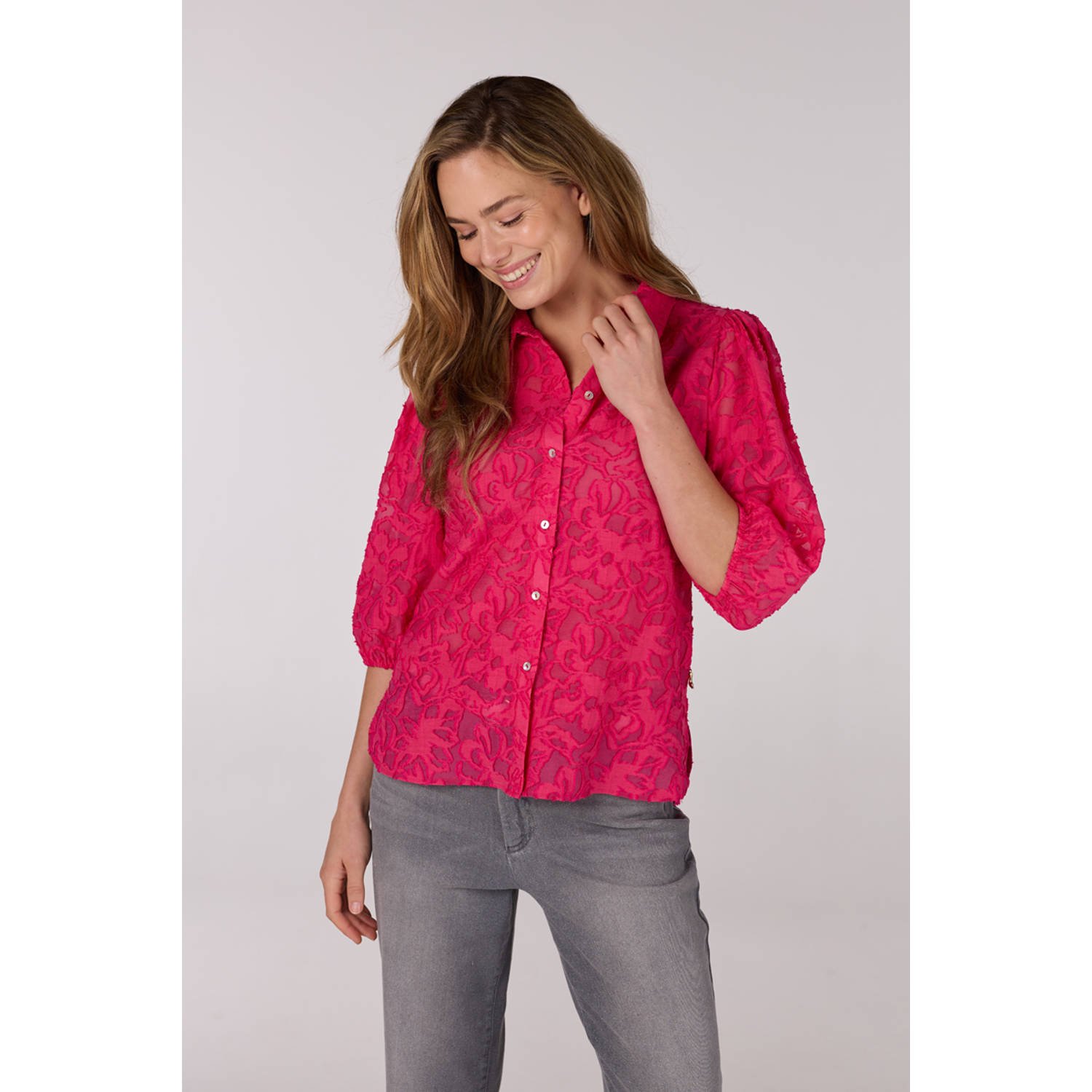 JANSEN AMSTERDAM Dames Blouses Nanne Blouse Fj 722 3 4 Puffed Sleeve Roze