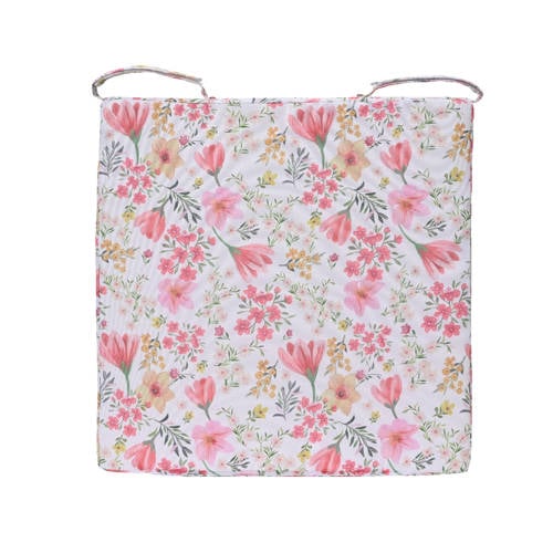 Outdoorliving by Decoris stoelkussen wit/roze bloemen afbeelding