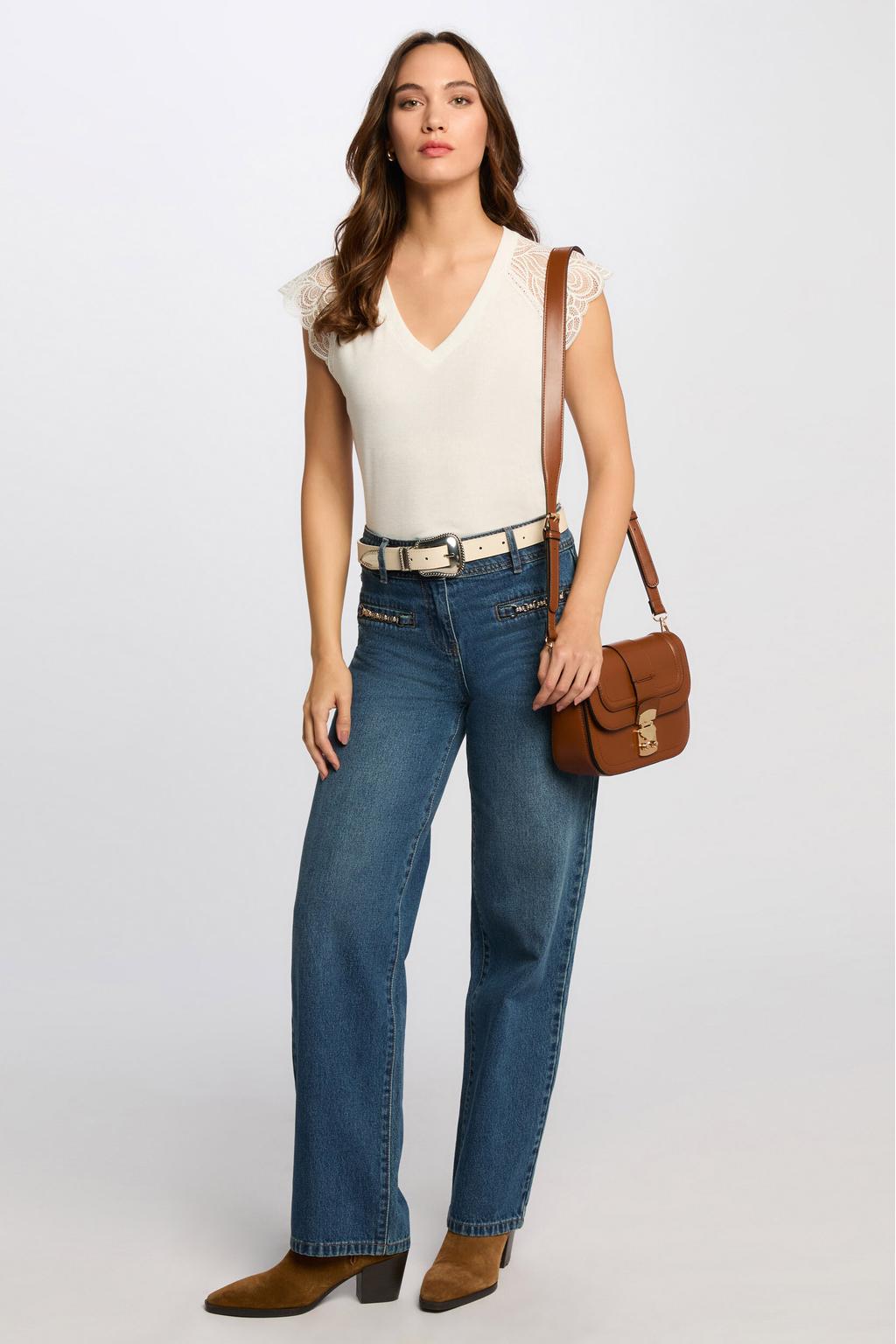 Witte dames Morgan top van polyester met effen, korte mouwen en V-hals