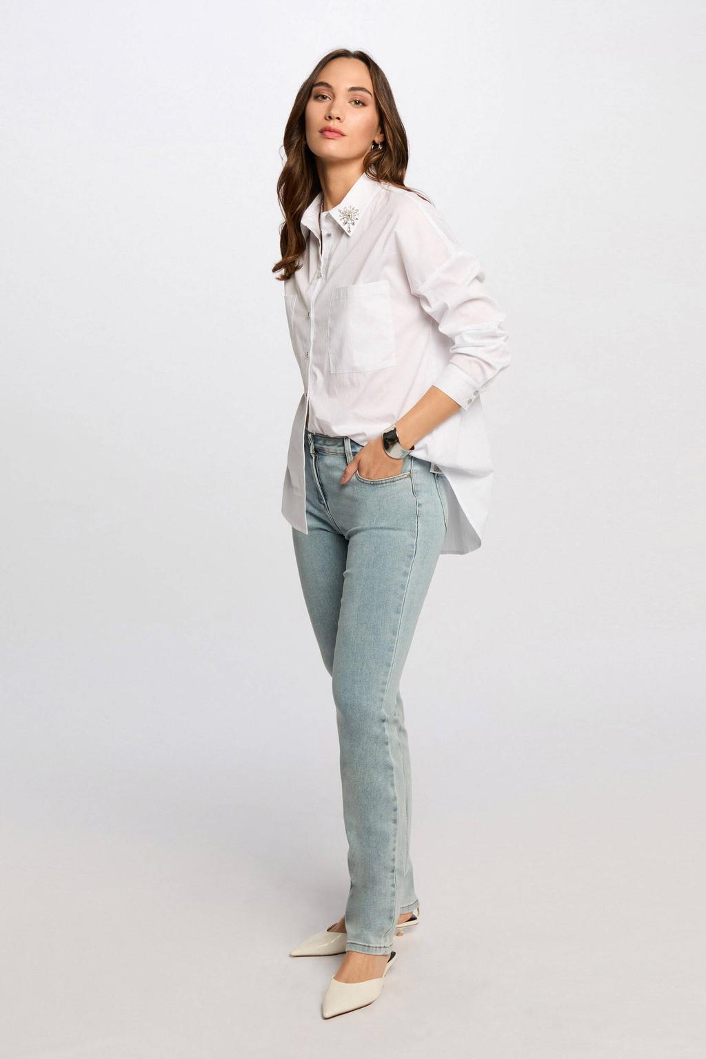 Light blue denim dames Morgan straight leg jeans van stretchdenim met rits- en knoopsluiting en effen