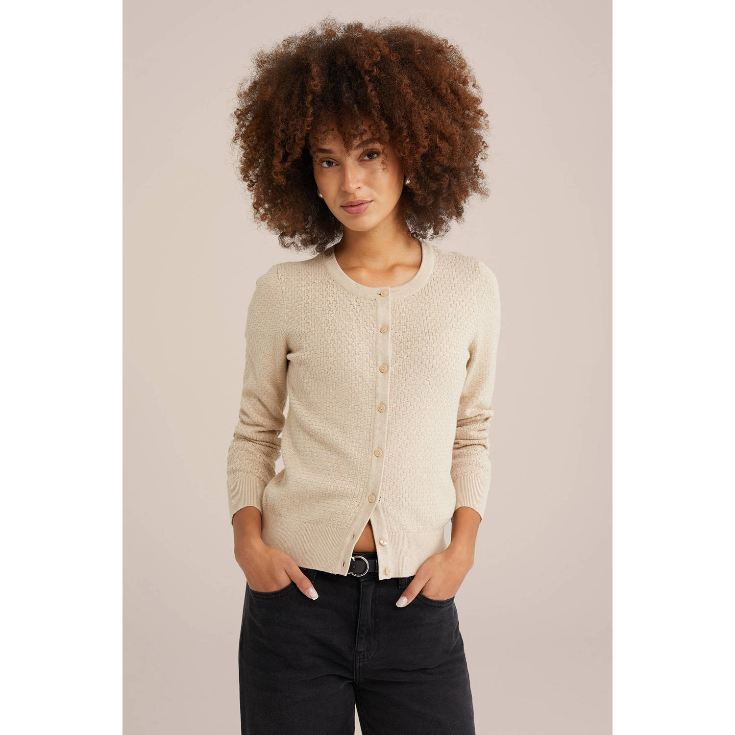 WE Fashion gebreid vest met ingebreid patroon beige