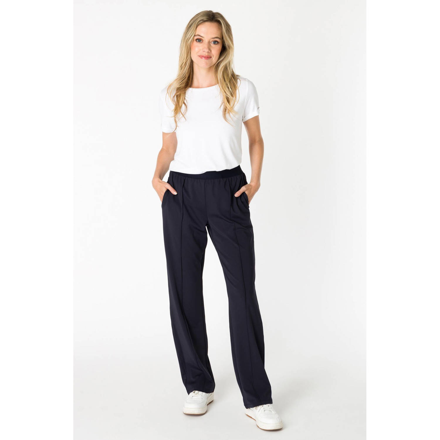 ES&SY straight broek van travelstof donkerblauw