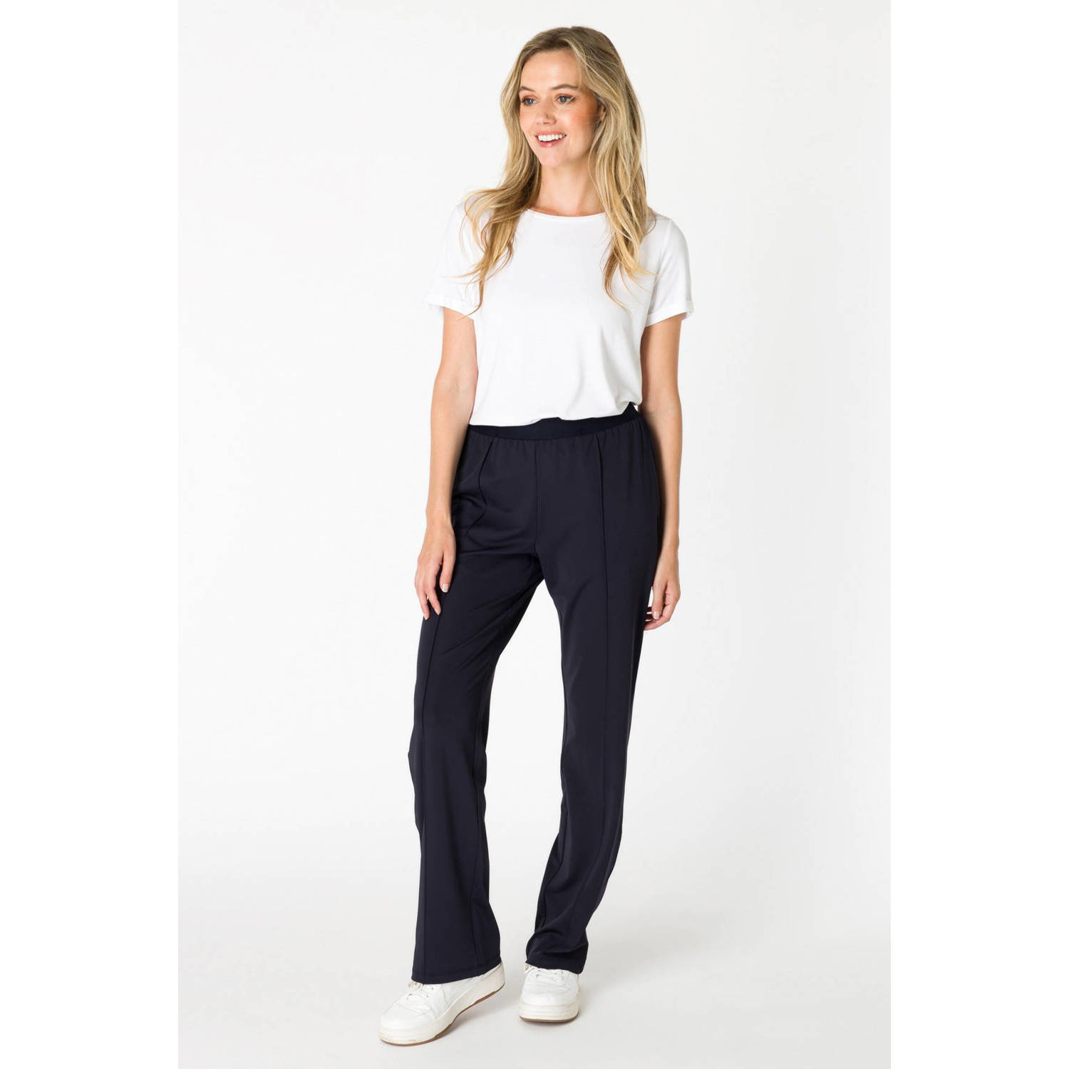 ES&SY straight broek van travelstof donkerblauw