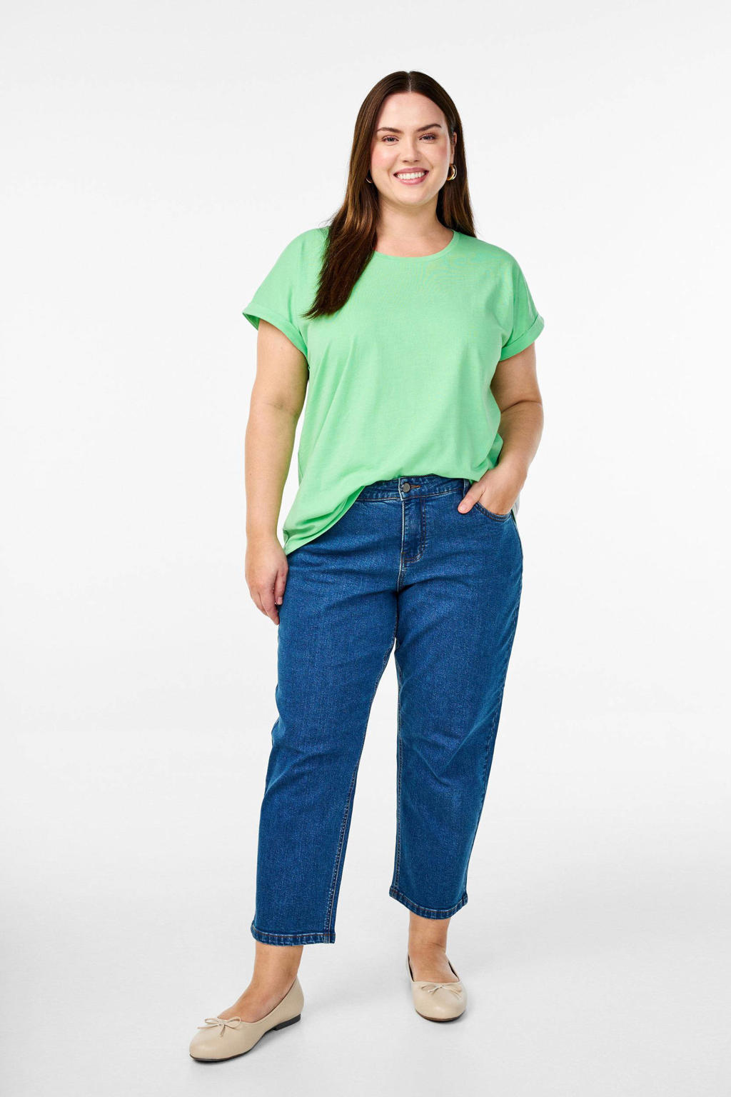 Groene dames Zizzi T-shirt van katoen met effen, korte mouwen en ronde hals
