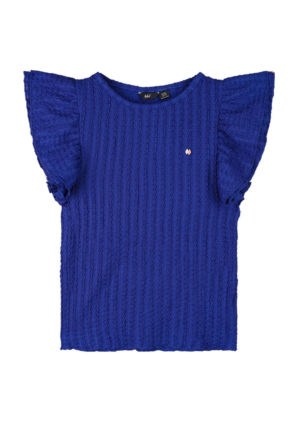 Blauwe meisjes NoBell’ blousetop van polyester met effen, korte mouwen, ronde hals en ruches