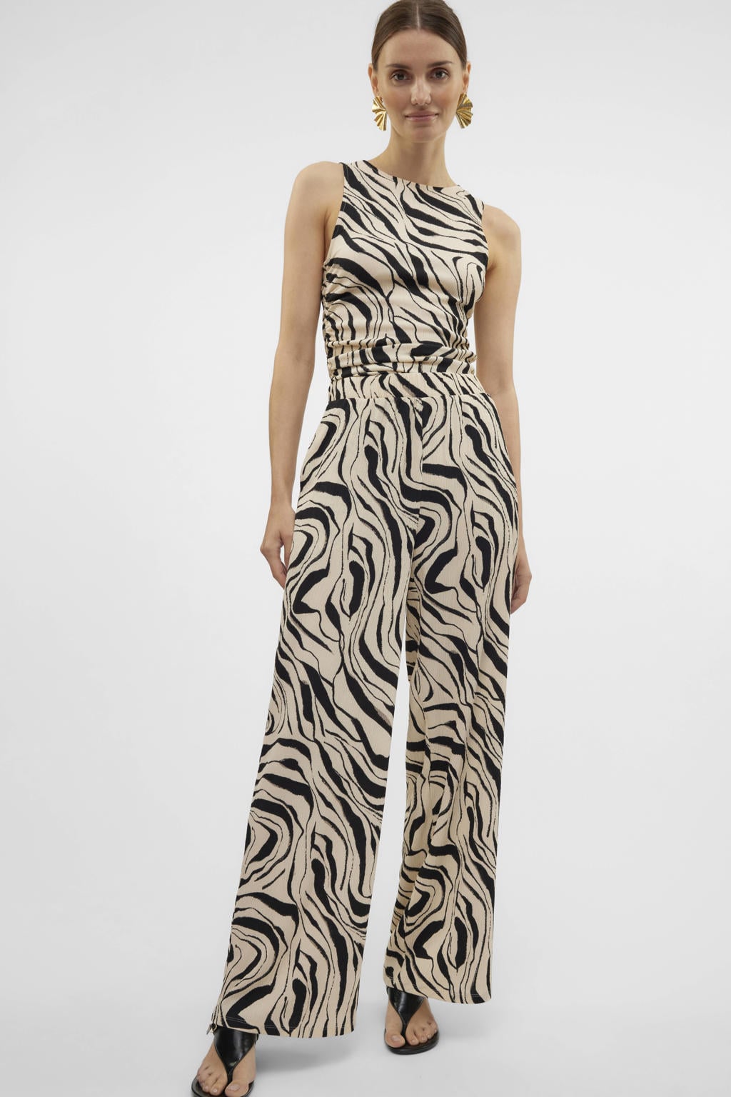 Beige en zwarte dames VERO MODA loose high waist broek van polyester met elastische tailleband en effen