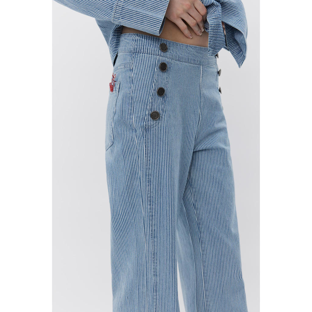 Blauwe dames Sofie Schnoor straight high waist broek van katoen met ritssluiting en strepenprint