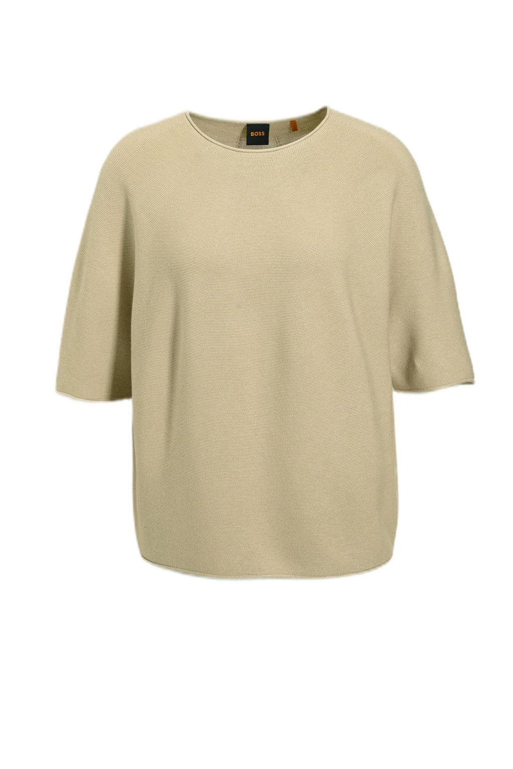 Beige dames BOSS top gebreid van viscose met effen, korte mouwen en ronde hals