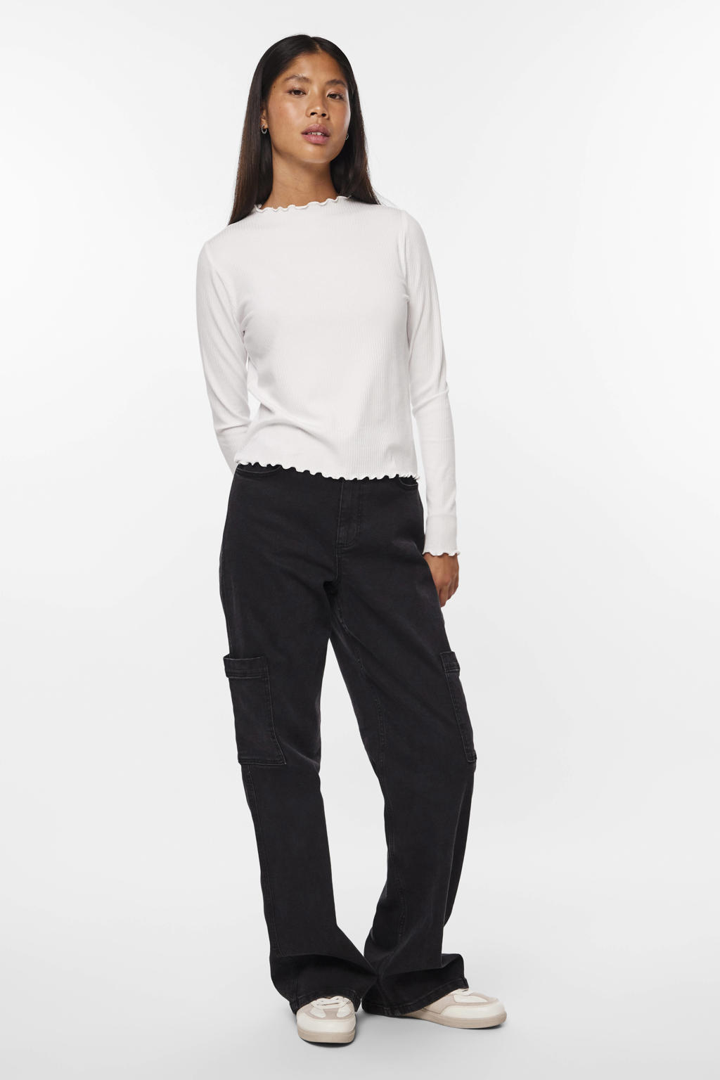 Witte dames PIECES top van viscose met effen, lange mouwen en rib gebreide details