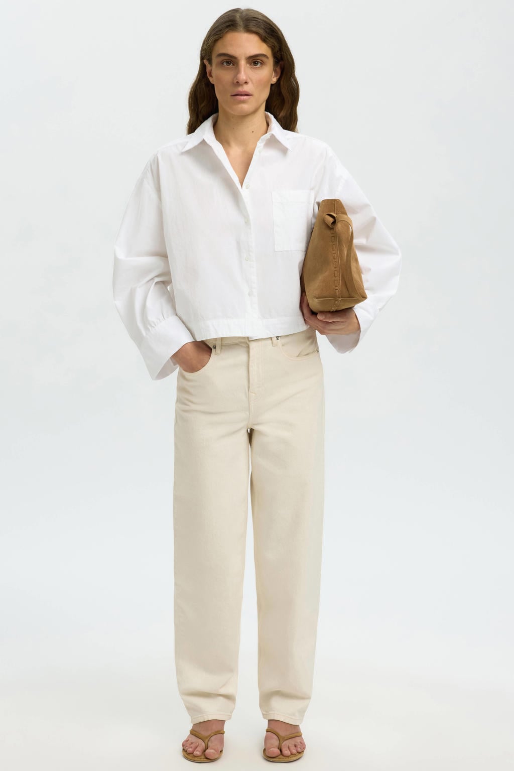 Witte dames SELECTED FEMME blouse van katoen met effen, lange mouwen, klassieke kraag en knoopsluiting