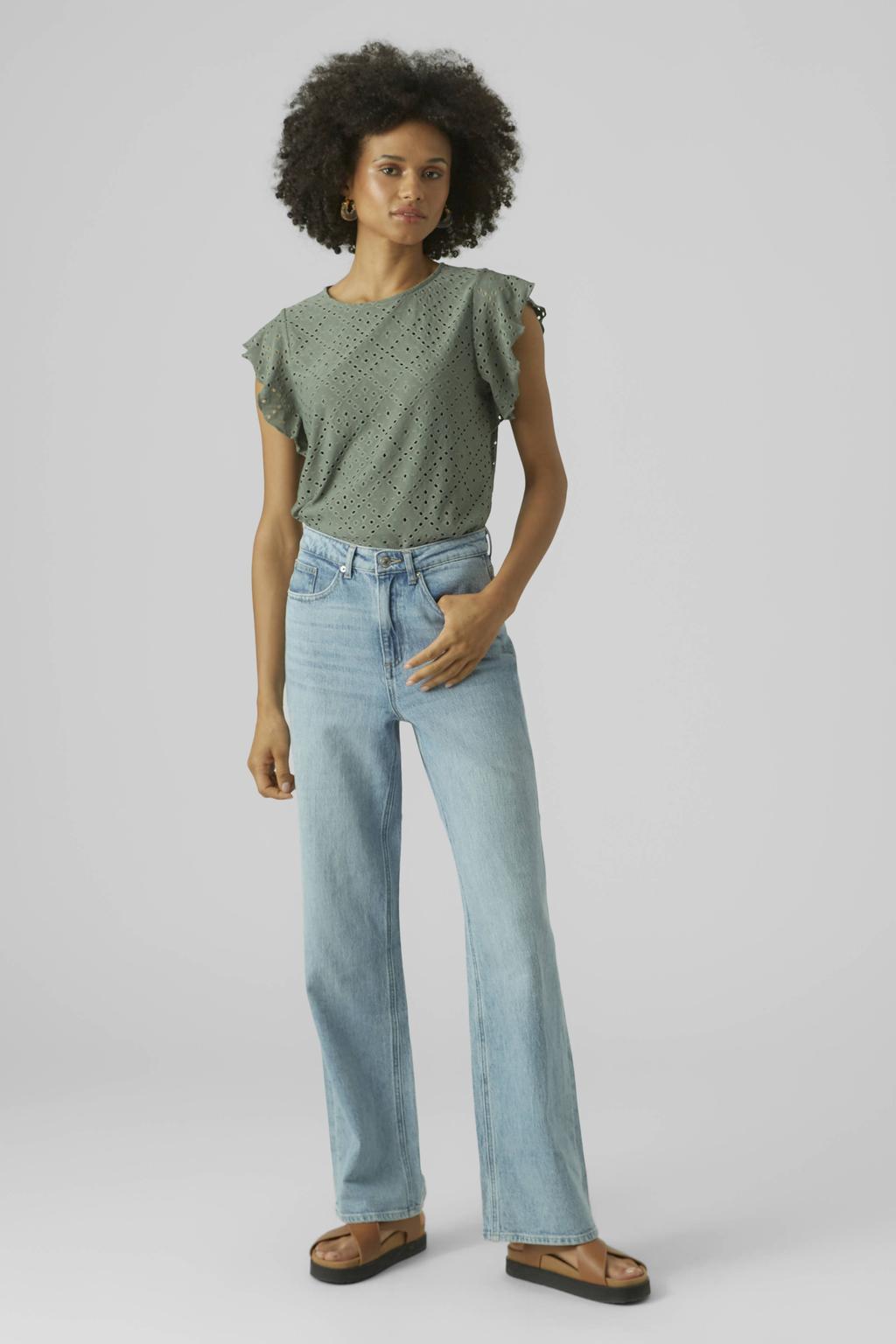 Grijsgroene dames VERO MODA top groen broderie van polyester met effen en korte mouwen