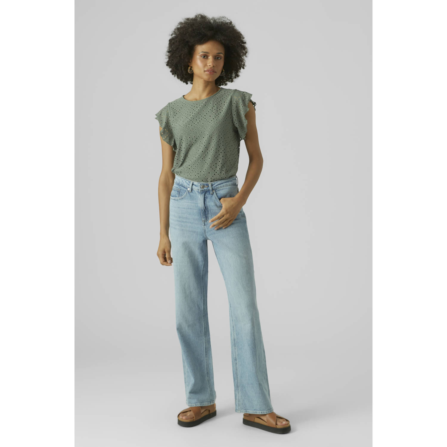 VERO MODA top grijsgroen broderie
