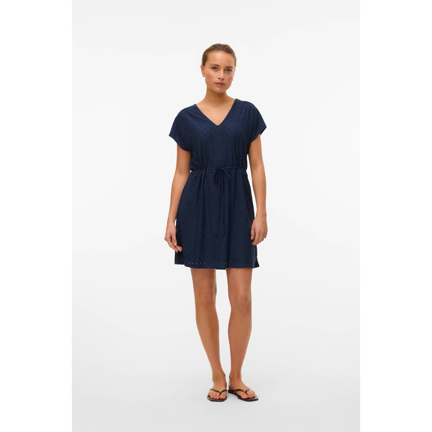 VERO MODA mini jurk broderie donkerblauw