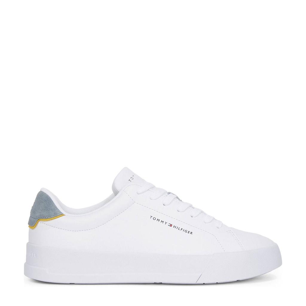 Wit en lichtblauwe heren Tommy Hilfiger leren sneakers van 80% leer/20% polyurethaan met veters