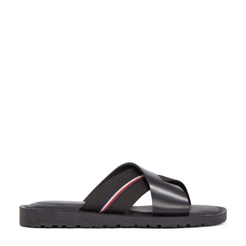 Tommy Hilfiger leren slippers zwart wehkamp