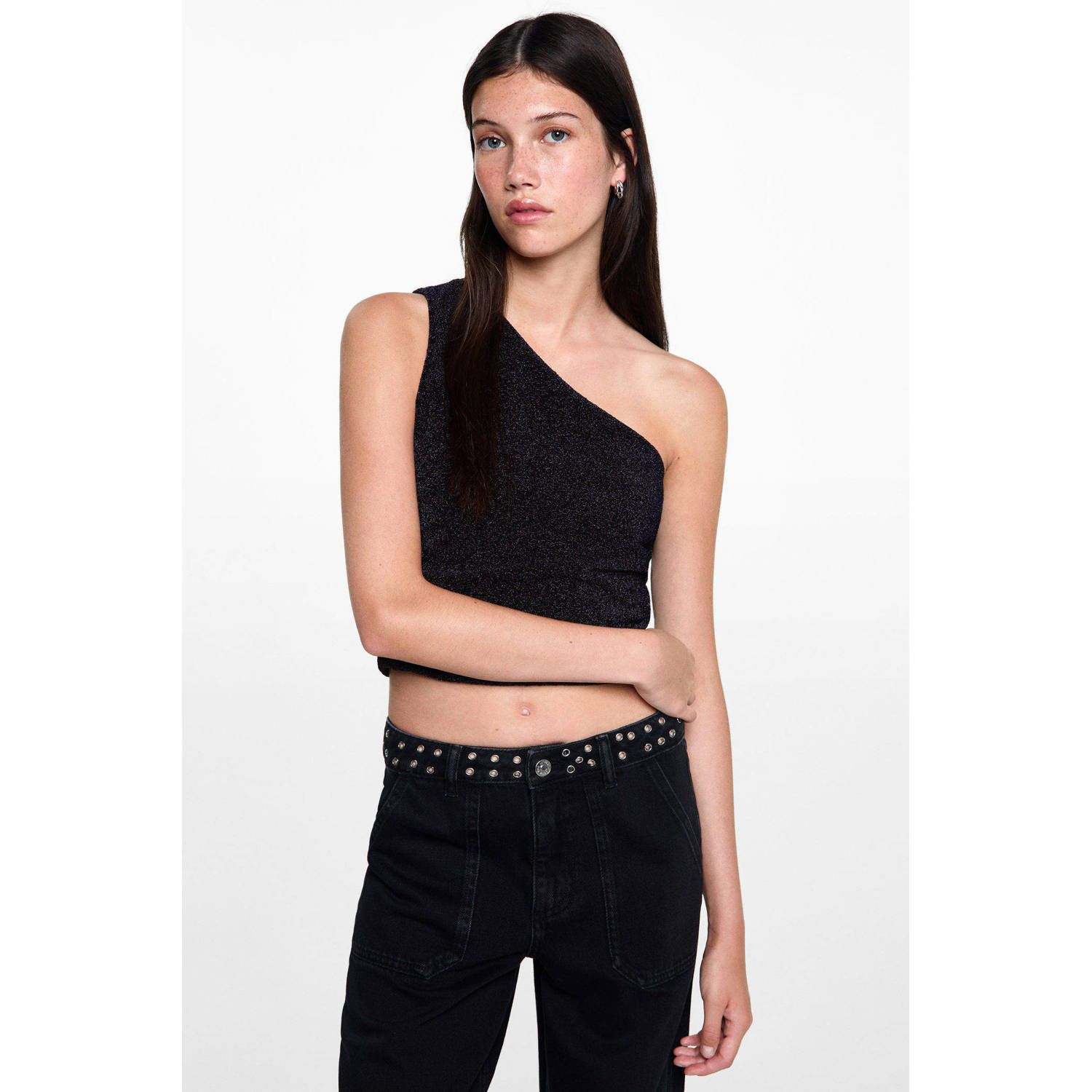 MANGO TEEN one shoulder top donkerblauw glitter