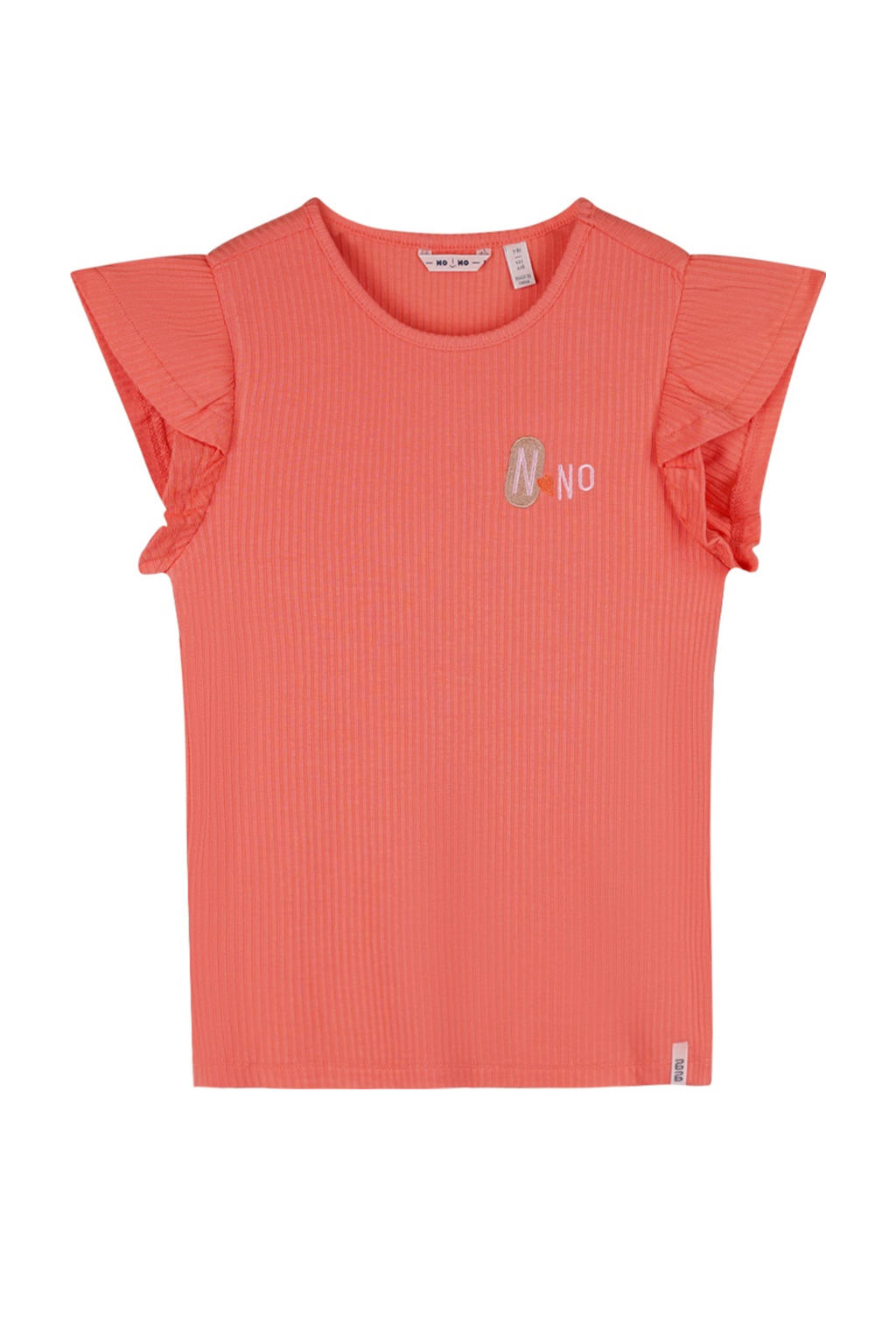 Oranje meisjes NONO T-shirt van viscose met effen, korte mouwen, ronde hals en ruches