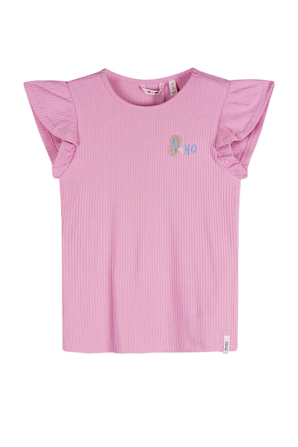 Roze meisjes NONO T-shirt van viscose met printopdruk, korte mouwen, ronde hals en ruches