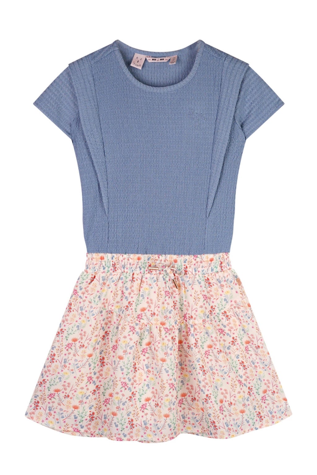 Blauw, ecru en multikleurige meisjes NONO midi jurk van polyester met bloemenprint, korte mouwen en ronde hals
