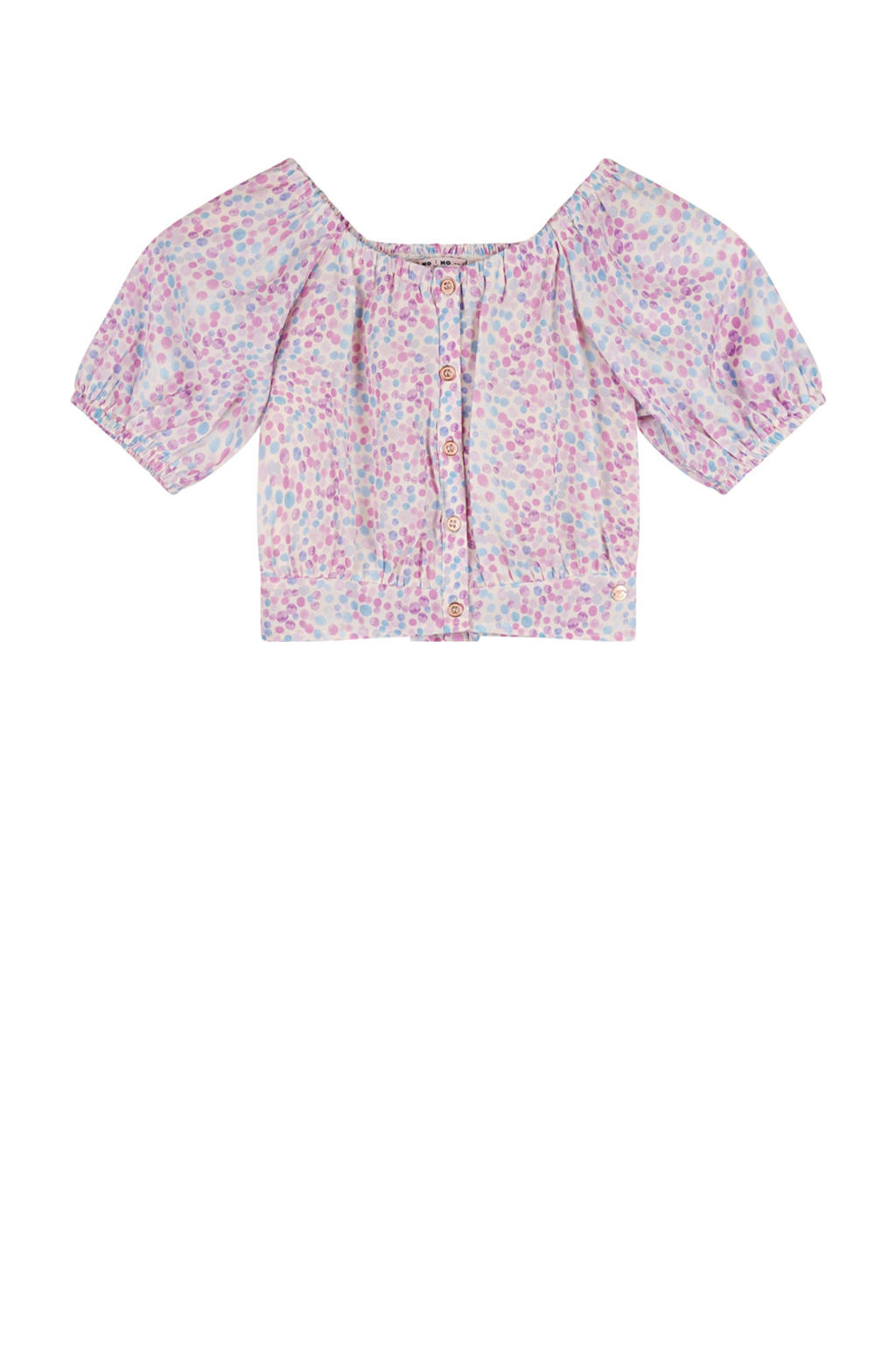 Lila en blauwe meisjes NONO cropped top van polyester met stippenprint, korte mouwen en boothals