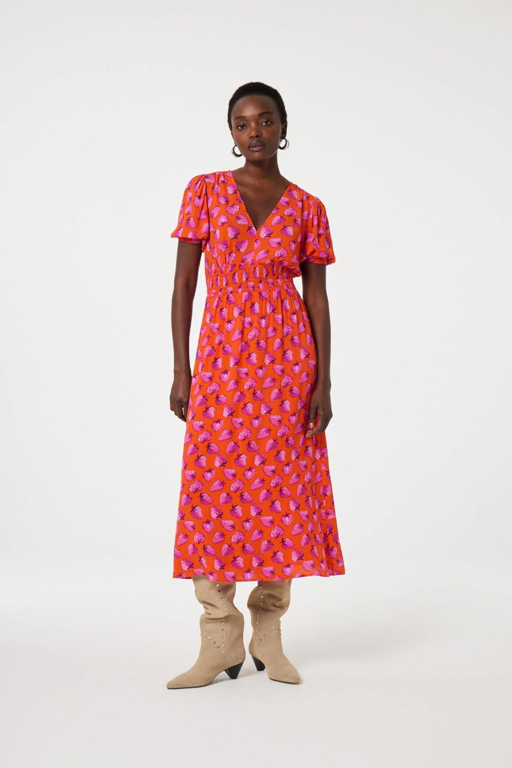 Rood en paarse dames Fabienne Chapot maxi jurk van viscose met korte mouwen en V-hals