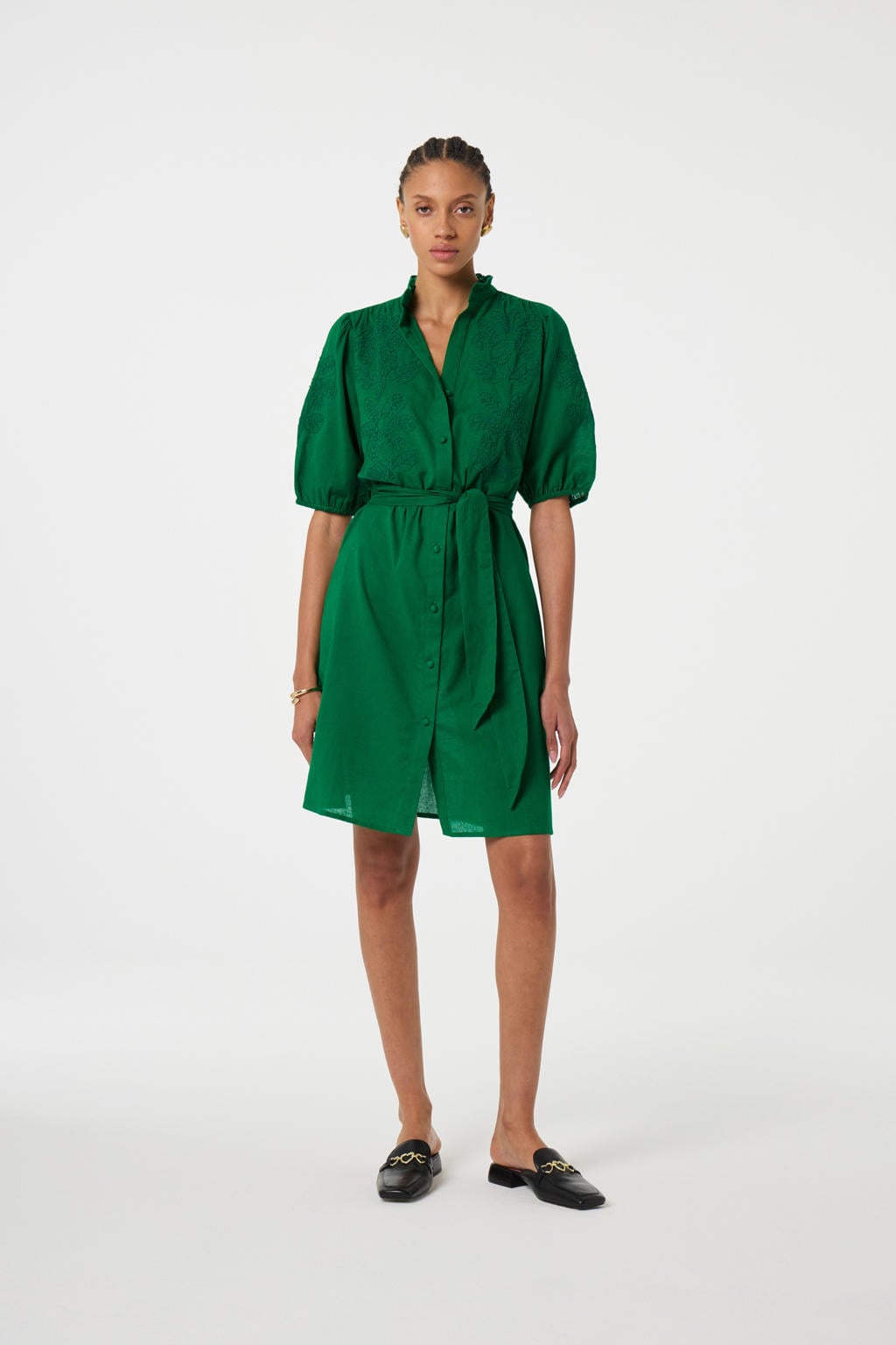 Groene dames Fabienne Chapot zomerjurk van katoen met effen, half lange mouwen, opstaande kraag, knoopsluiting en ingebreid patroon