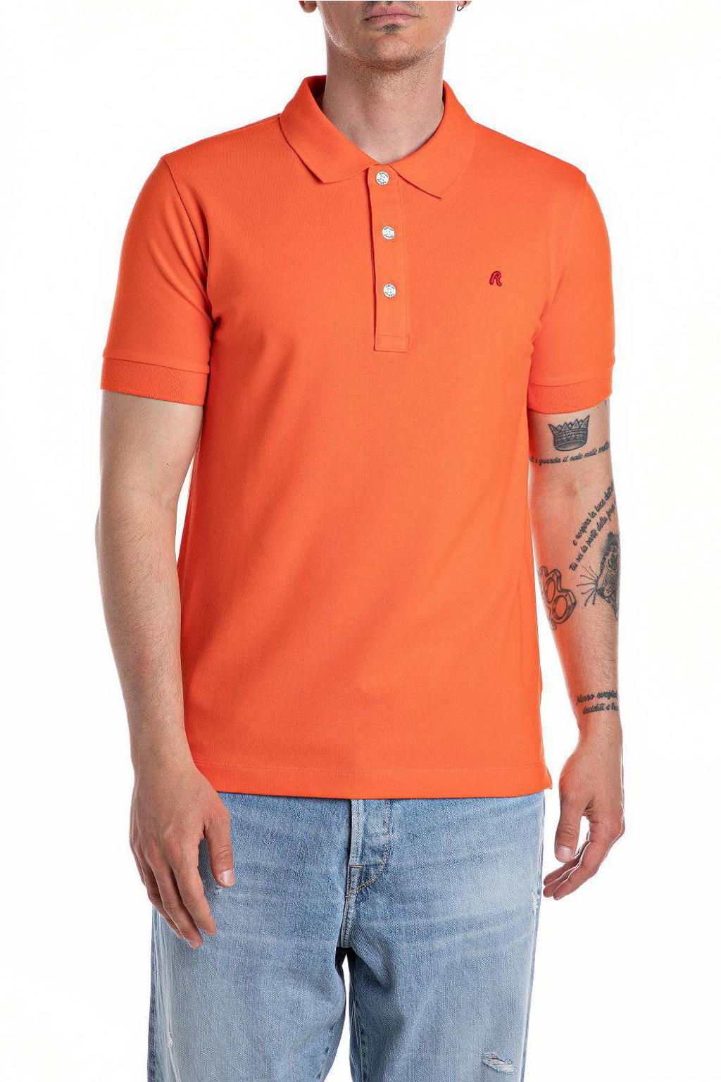 Oranje heren REPLAY regular polo van katoen met effen, korte mouwen, klassieke kraag en knoopsluiting