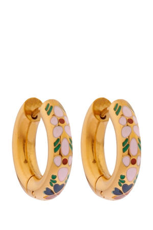 gold plated oorbellen Pink Flower Hoops