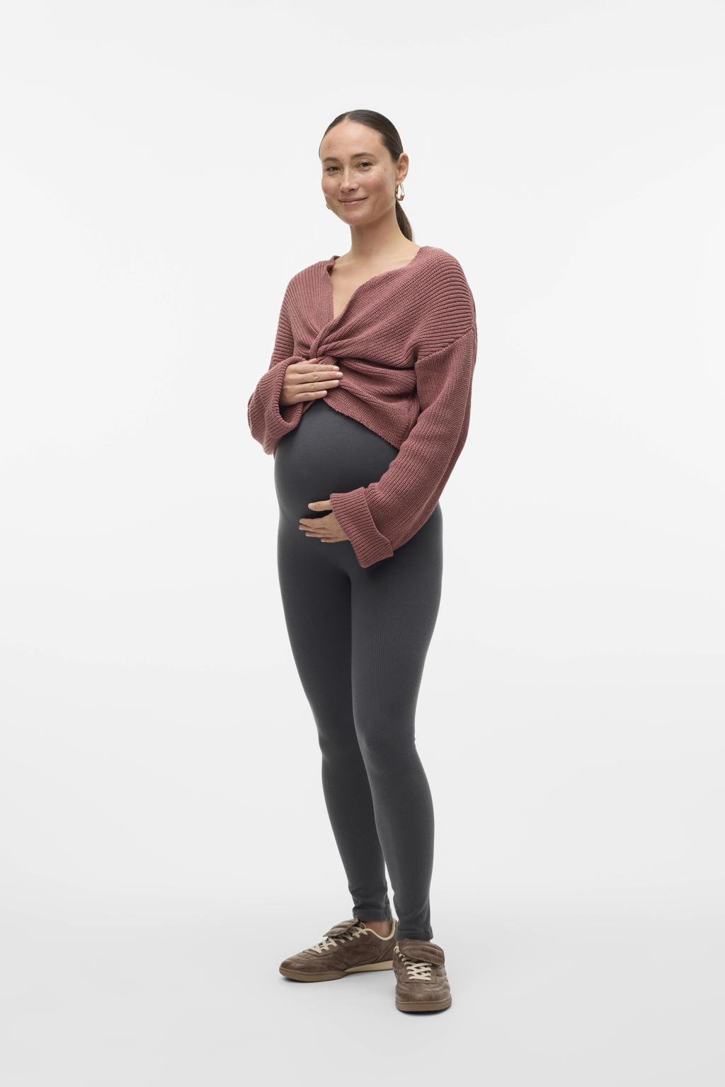 Roze dames MAMALICIOUS zwangerschaps cropped trui van polyester met effen, lange mouwen, V-hals en grof gebreide details