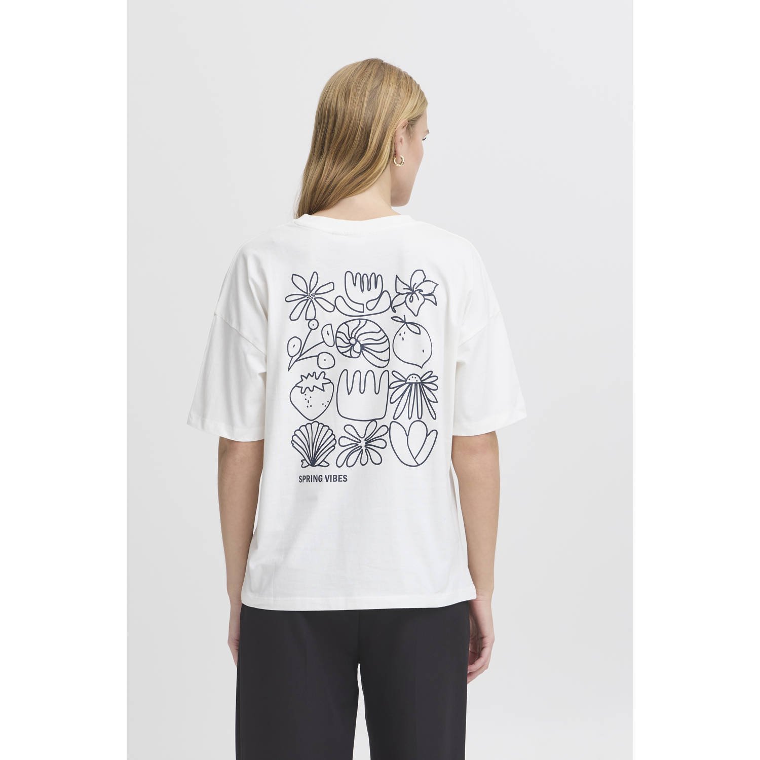 Ichi Grafische Print Tee Cloud Dancer White Dames