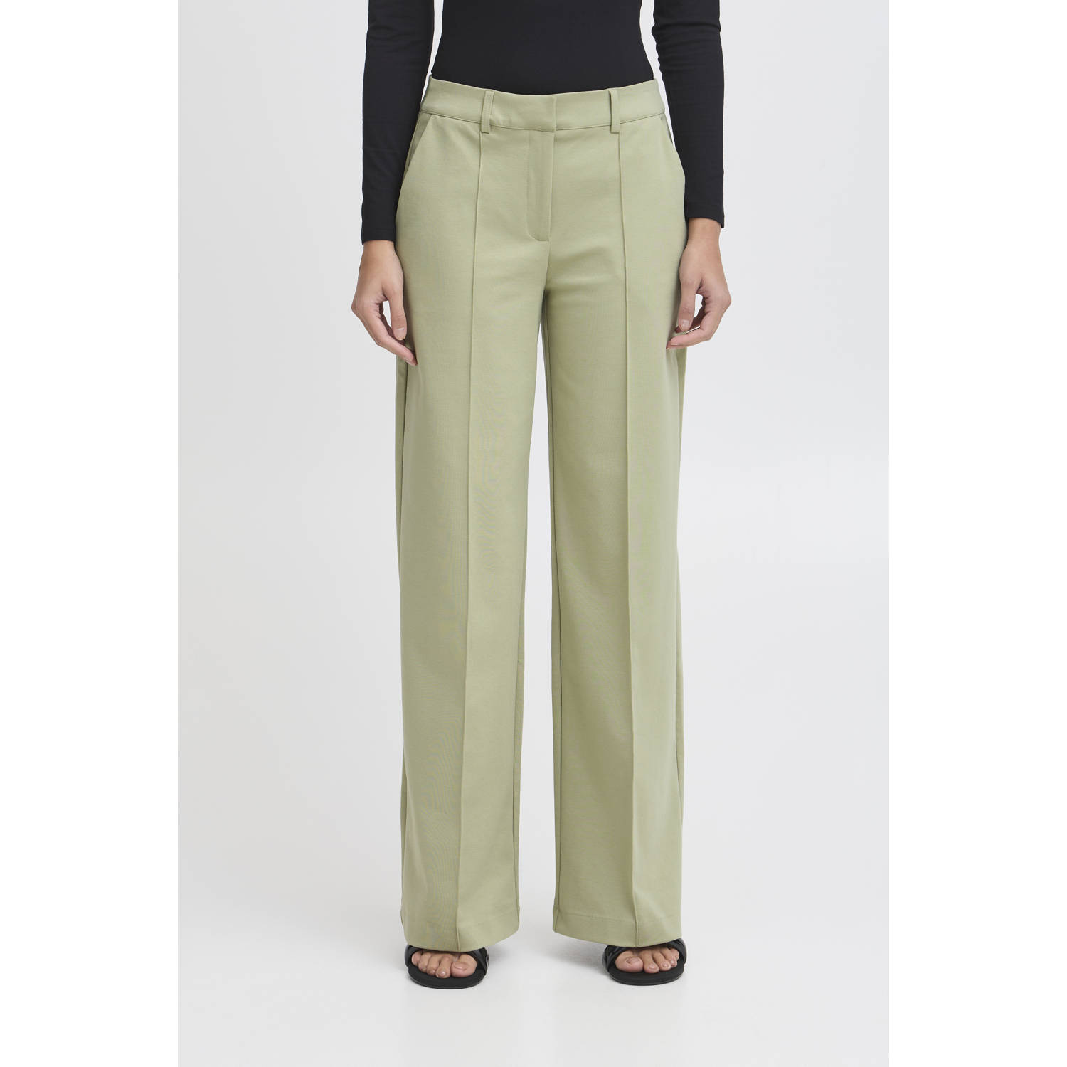 ICHI wide leg regular waist pantalon lichtgroen