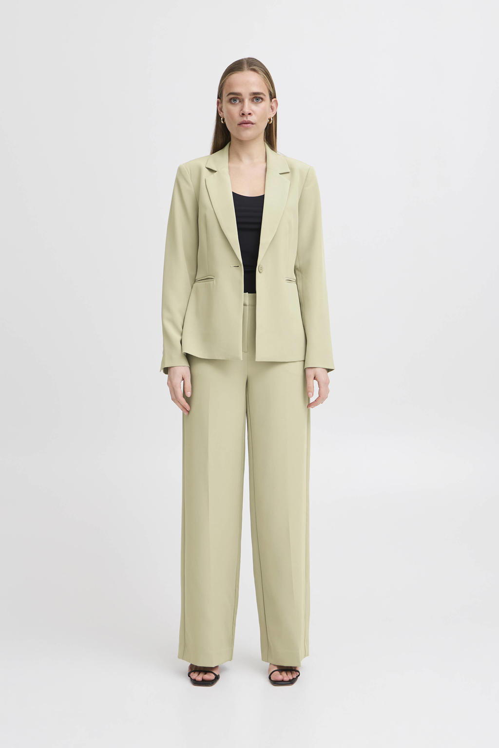 Groene dames ICHI regular blazer van polyester met effen, lange mouwen, reverskraag en knoopsluiting