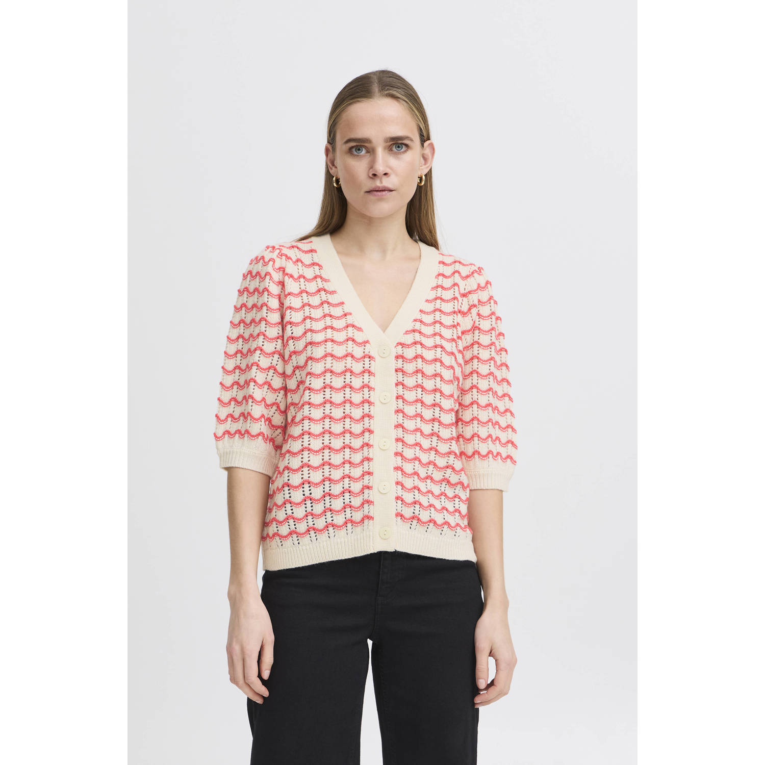Ichi Geranium Gebreide Trui met Pofmouwen Red Dames