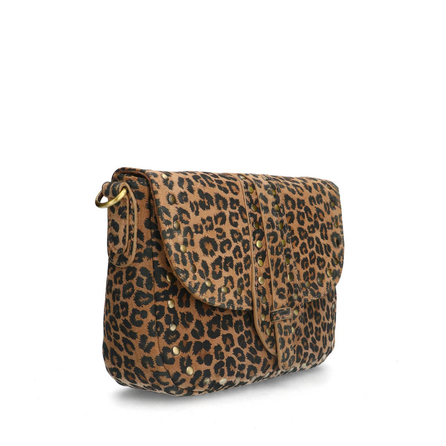 Manfield suede crossbody tas met panterprint bruin