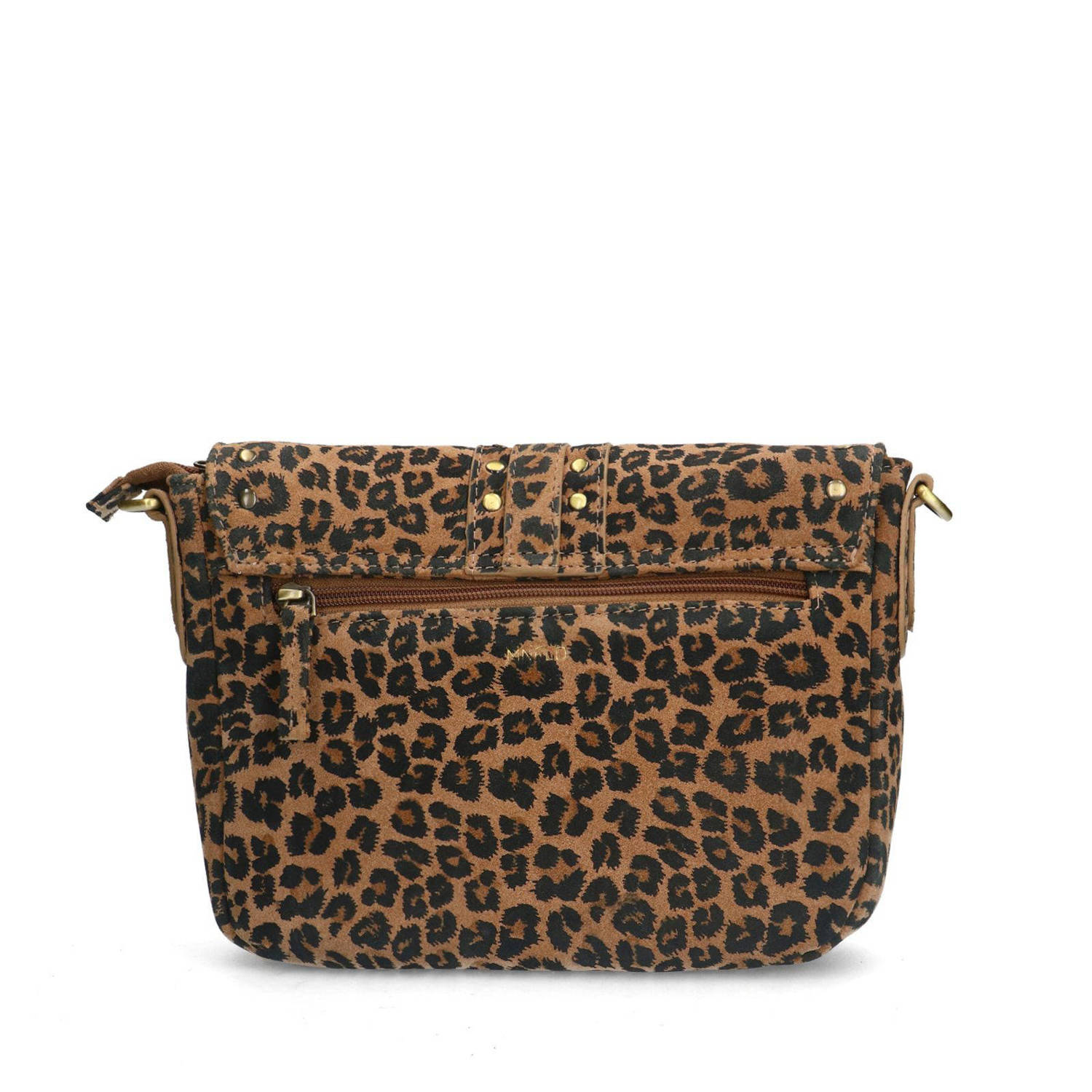 Manfield suede crossbody tas met panterprint bruin