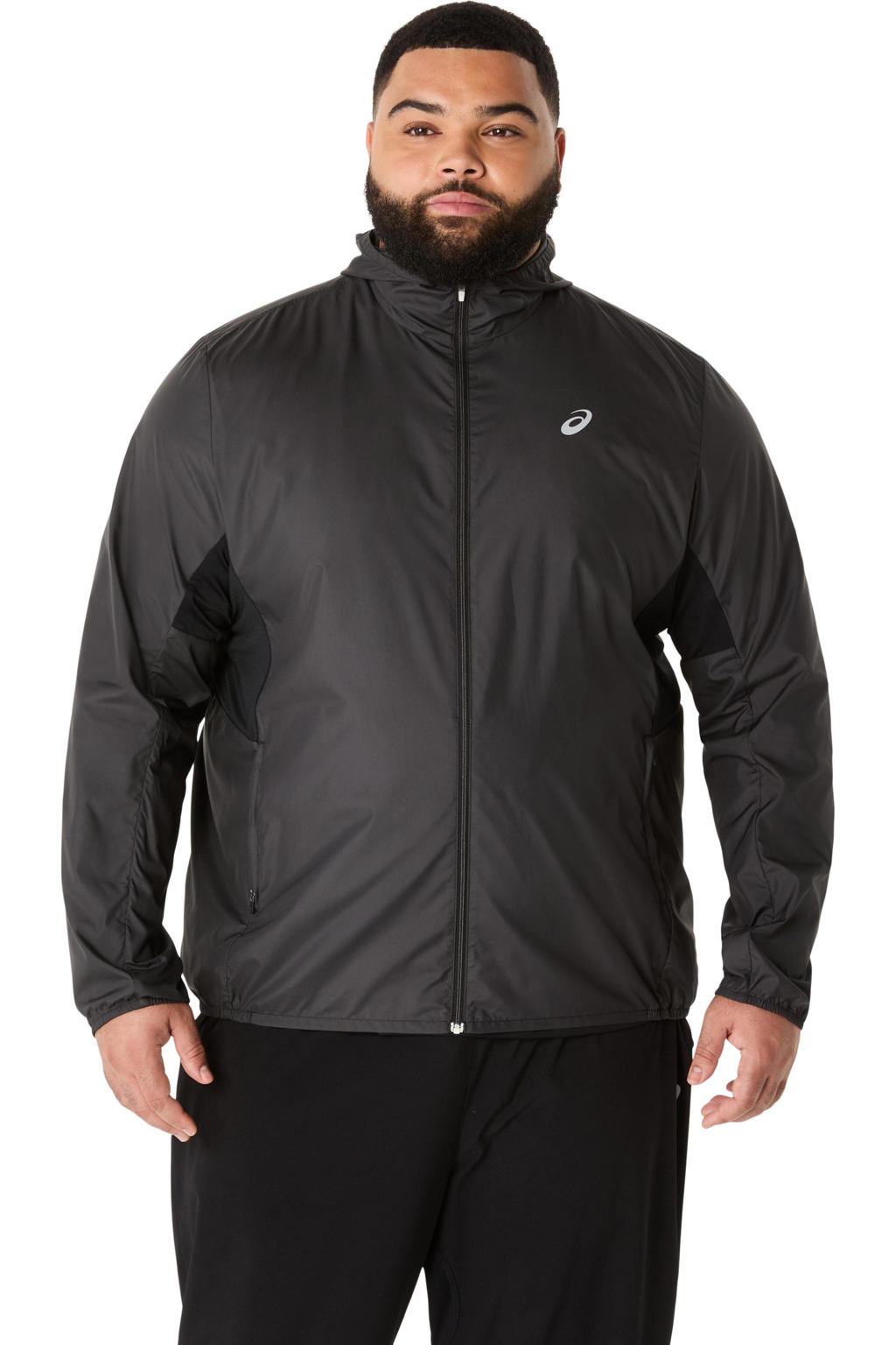 Zwarte heren hardloopjack Core van polyester met capuchon en ritssluiting