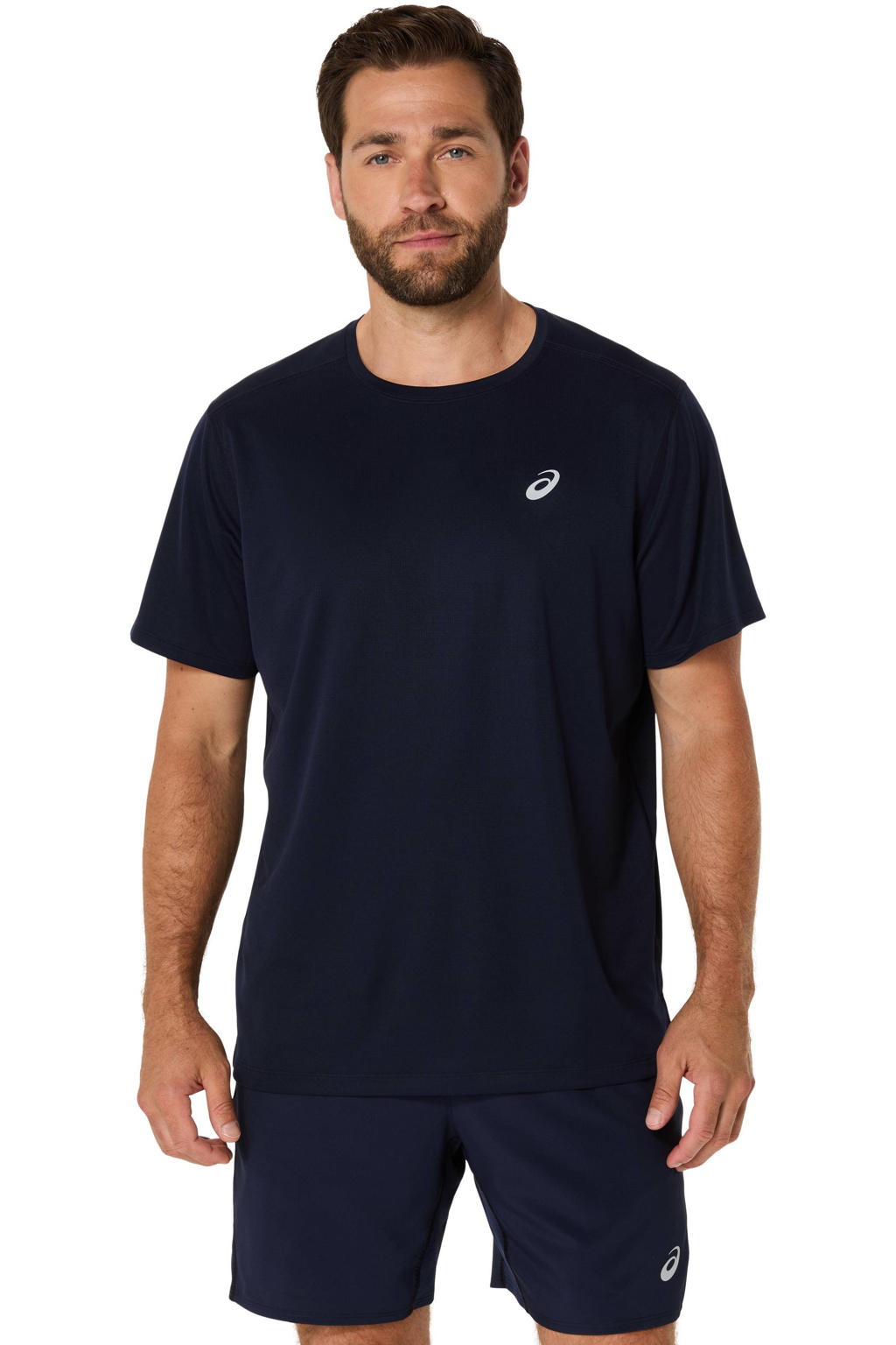 Donkerblauwe heren hardloopshirt Core van polyester met korte mouwen en ronde hals