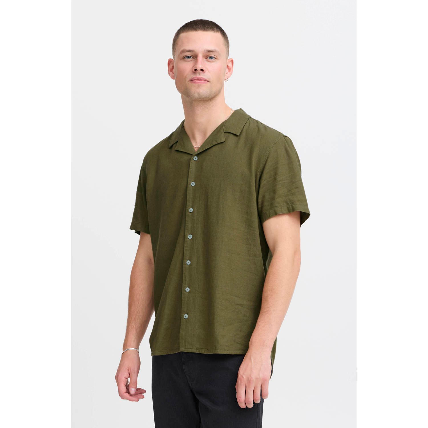 Blend linnen casual overhemd olijfgroen