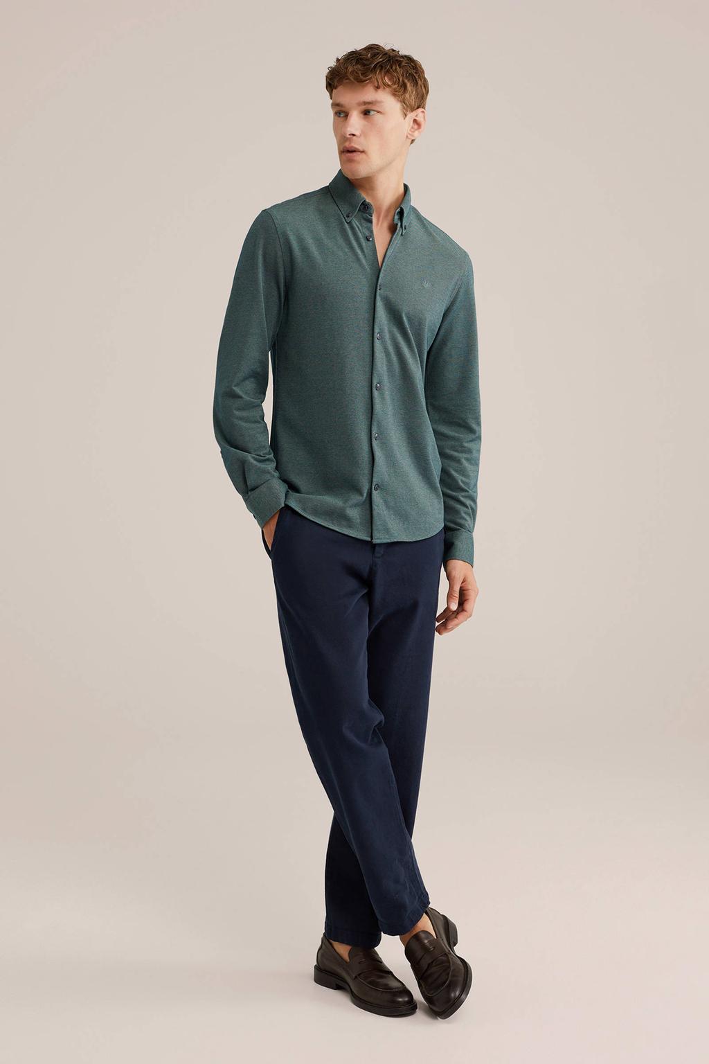 Donkergroene heren WE Fashion casual overhemd van katoen met effen, lange mouwen, button down sluiting en knoopsluiting