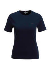 thumbnail: Donkerblauwe dames Tommy Hilfiger T-shirt van katoen met effen, korte mouwen en ronde hals