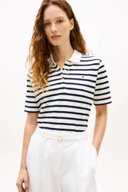 thumbnail: Ecru en marineblauwe dames Tommy Hilfiger top met strepenprint, korte mouwen en polo kraag