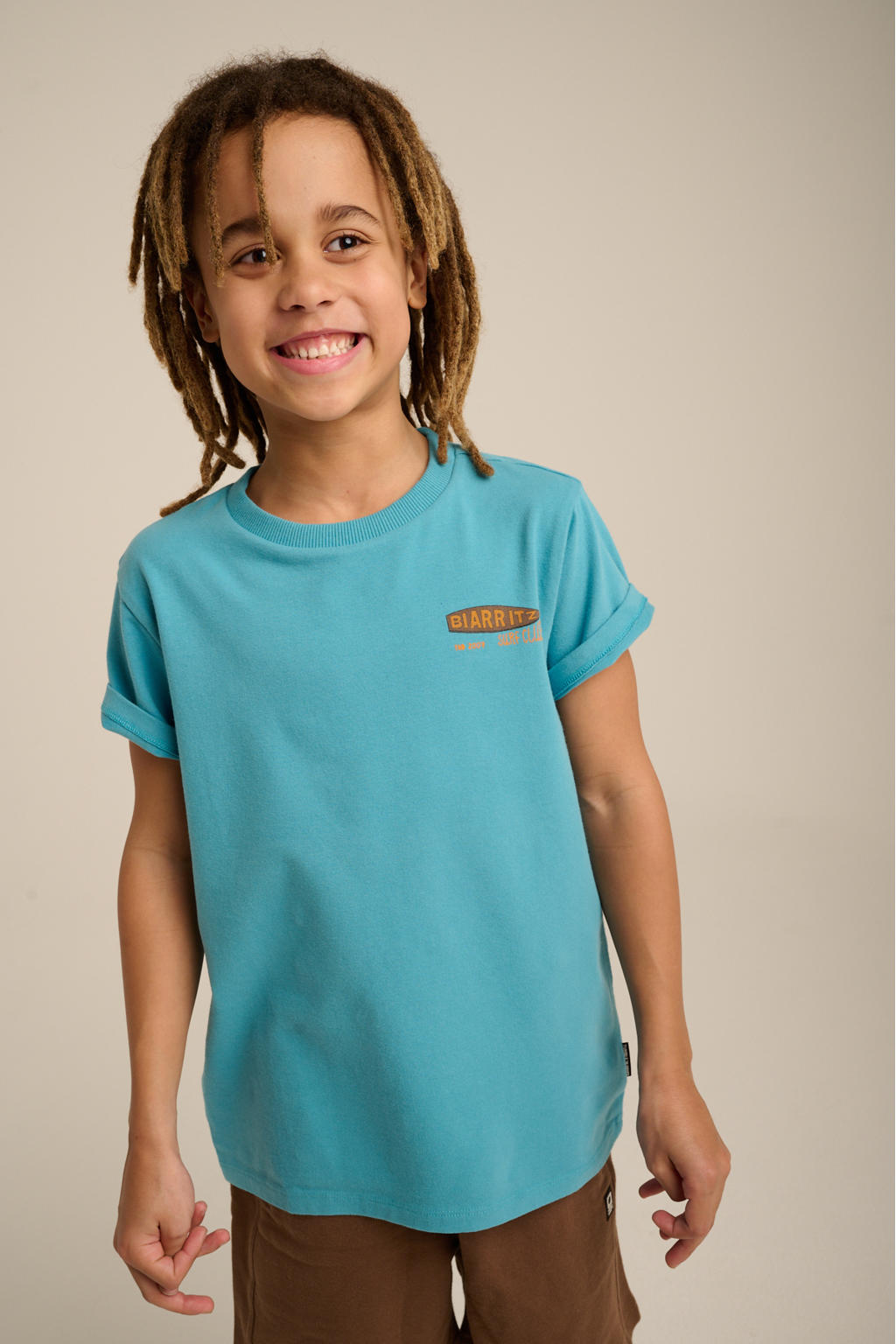 Blauwe jongens Tumble 'n Dry T-shirt met printopdruk, korte mouwen en ronde hals