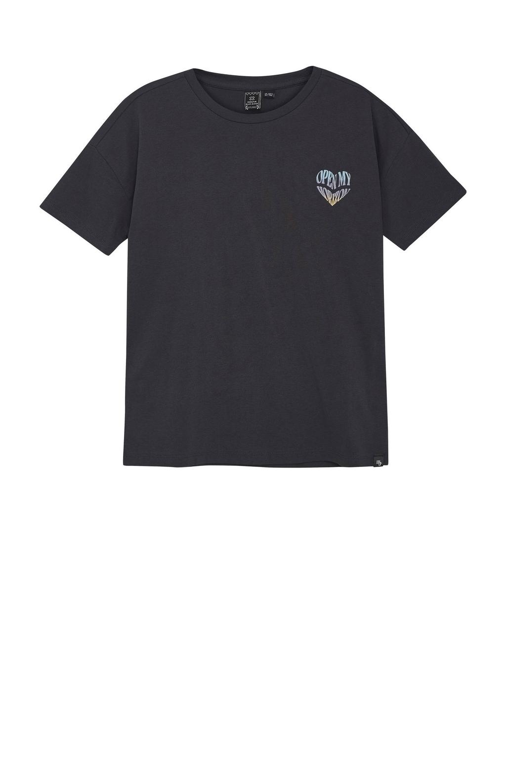 Grijze meisjes Indian Blue Jeans T-shirt van stretchkatoen met backprint, korte mouwen en ronde hals