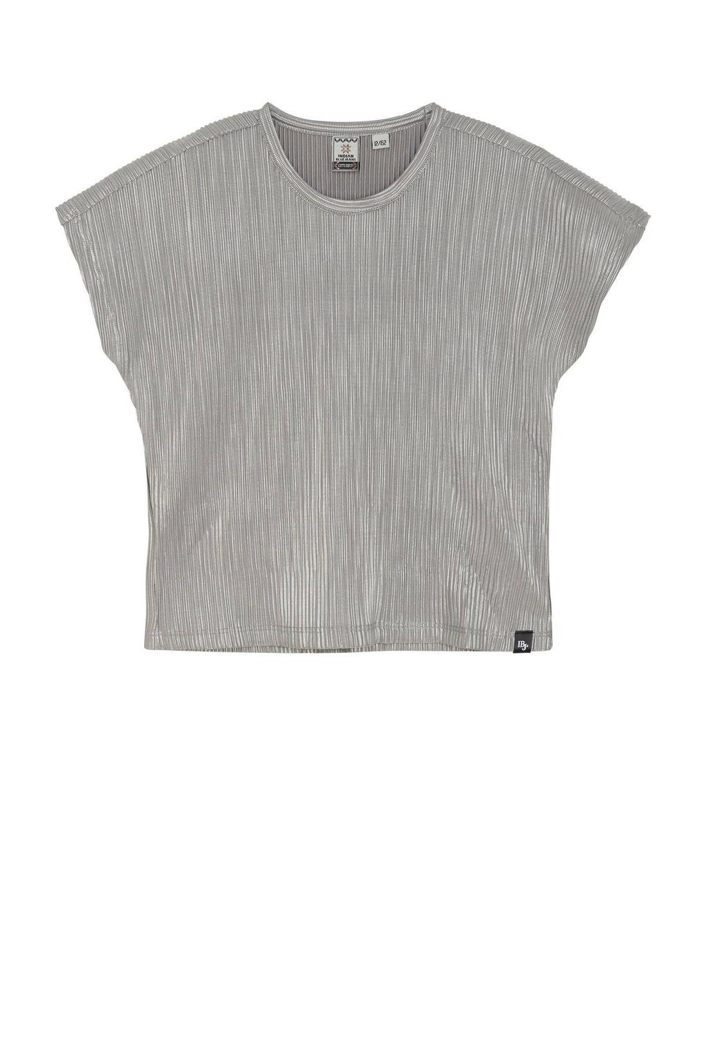 Grijze meisjes Indian Blue Jeans blousetop van polyester met effen, korte mouwen, ronde hals en glimmend detail