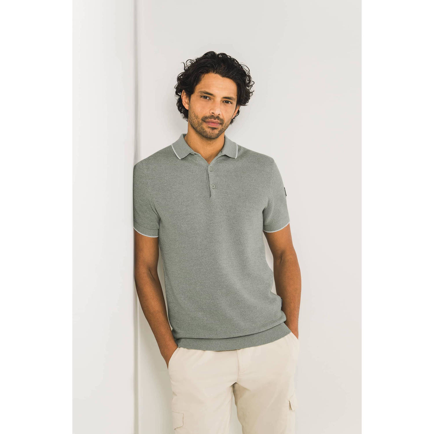 State of Art regular polo gebreid grijsgroen