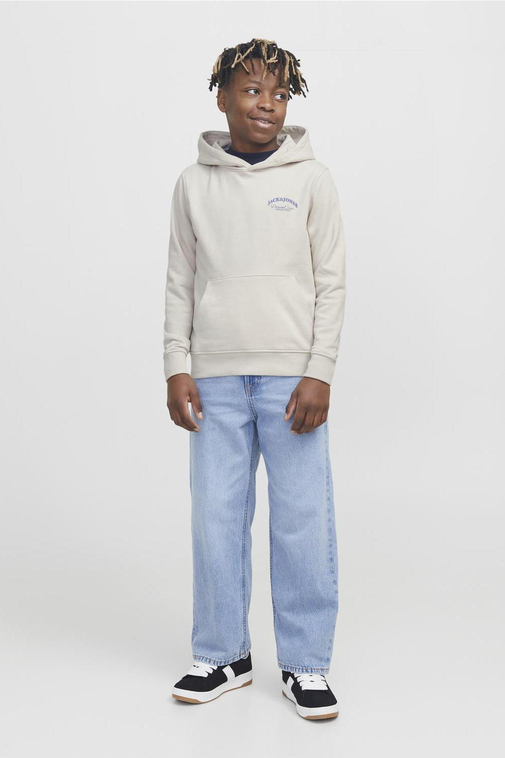 Ecru jongens JACK & JONES JUNIOR hoodie van sweat materiaal met backprint, lange mouwen en capuchon