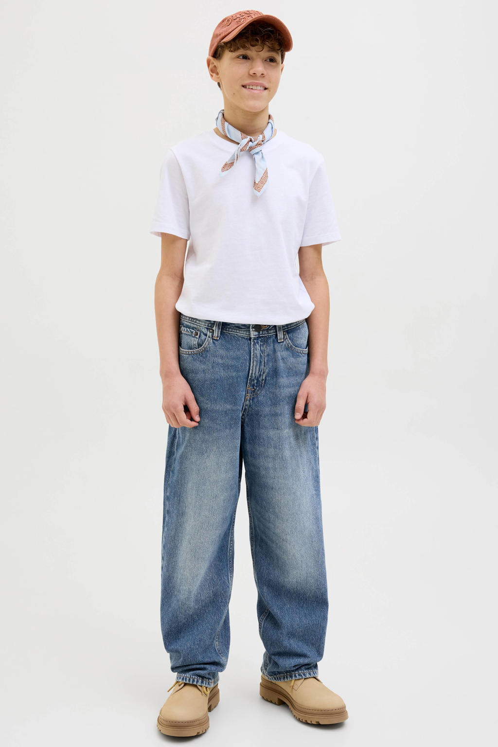 Medium blue denim jongens JACK & JONES JUNIOR baggy high waist baggy jeans van denim met rits- en knoopsluiting en effen