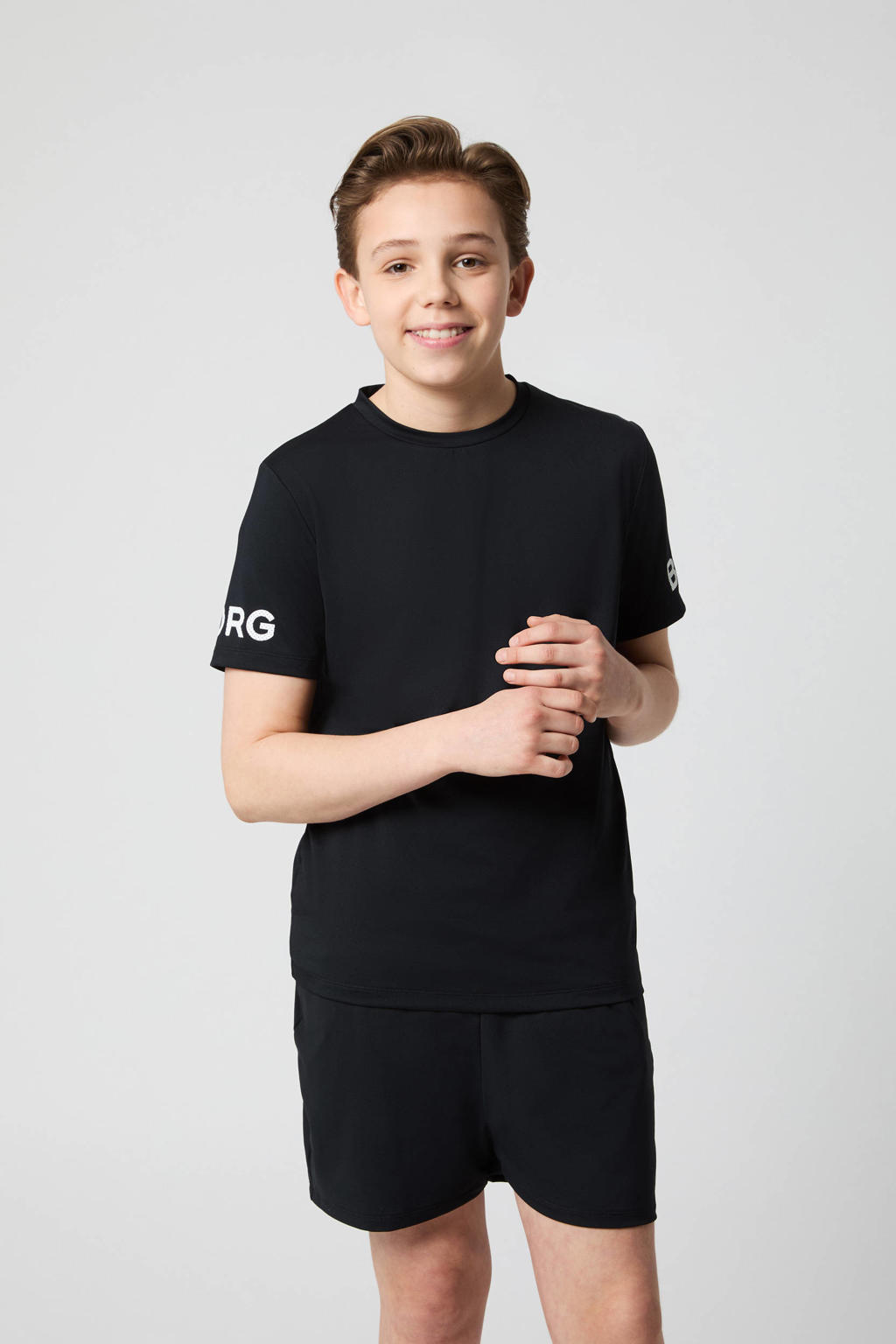 Zwarte jongens en meisjes Björn Borg sportshirt Borg van polyester met logo dessin, korte mouwen en ronde hals